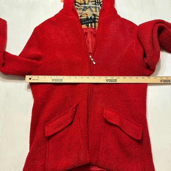 Sandro Paris Red Boucle Teddy Jacket | Plaid Hood Lining | Women’s Size M - Picture 4 of 11